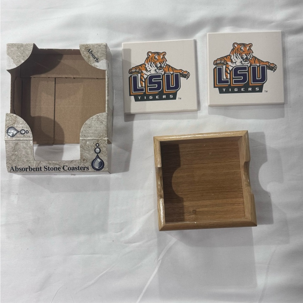 2 LSU TIGERS ABSORBENT‎ STONE COASTERS & WOOD HOLDER. READ DESCRIPTION.